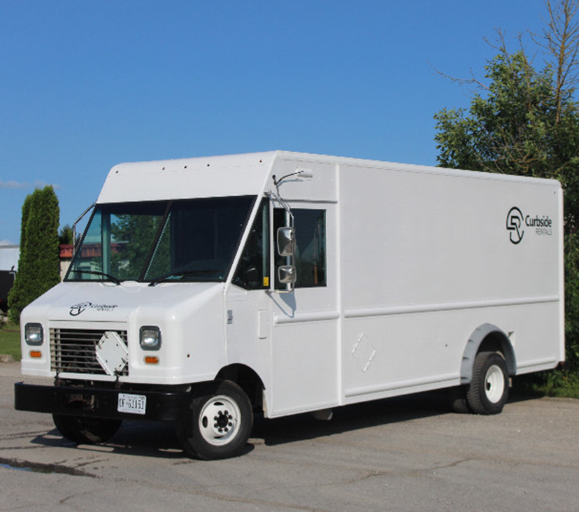Curbside Rentals step van, driver side view