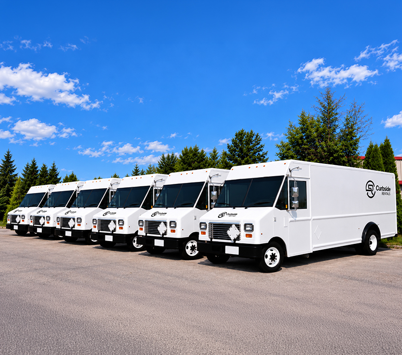 Line of white Curbside Rentals step vans parked together