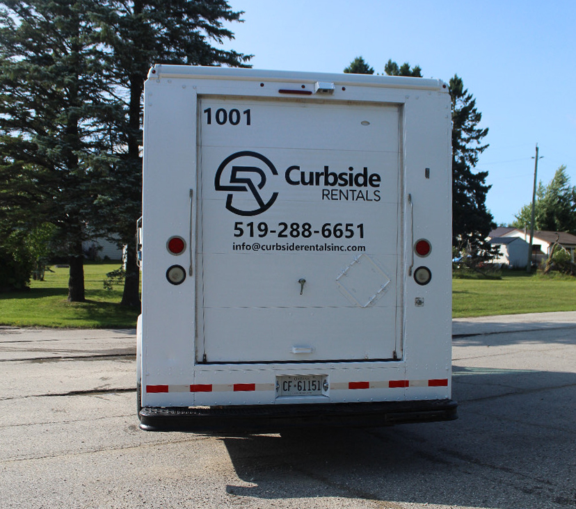 Curbside Rentals step van, rear roll-up door